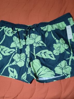 No Boundaries Navy and Lime Floral Swim Trunks